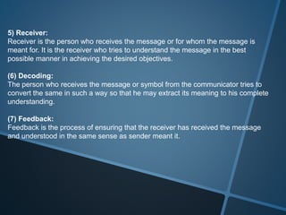 5) Receiver:
Receiver is the person who receives the message or for whom the message is
meant for. It is the receiver who tries to understand the message in the best
possible manner in achieving the desired objectives.
(6) Decoding:
The person who receives the message or symbol from the communicator tries to
convert the same in such a way so that he may extract its meaning to his complete
understanding.
(7) Feedback:
Feedback is the process of ensuring that the receiver has received the message
and understood in the same sense as sender meant it.
 