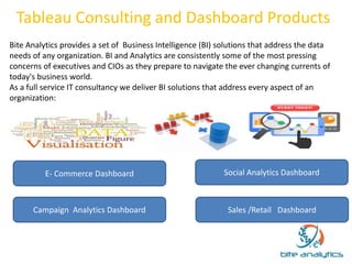 Tableau Consulting and Dashboard Products 
Bite Analytics provides a set of Business Intelligence (BI) solutions that address the data 
needs of any organization. BI and Analytics are consistently some of the most pressing 
concerns of executives and CIOs as they prepare to navigate the ever changing currents of 
today's business world. 
As a full service IT consultancy we deliver BI solutions that address every aspect of an 
organization: 
E- Commerce Dashboard Social Analytics Dashboard 
Campaign Analytics Dashboard Sales /Retail Dashboard 
 