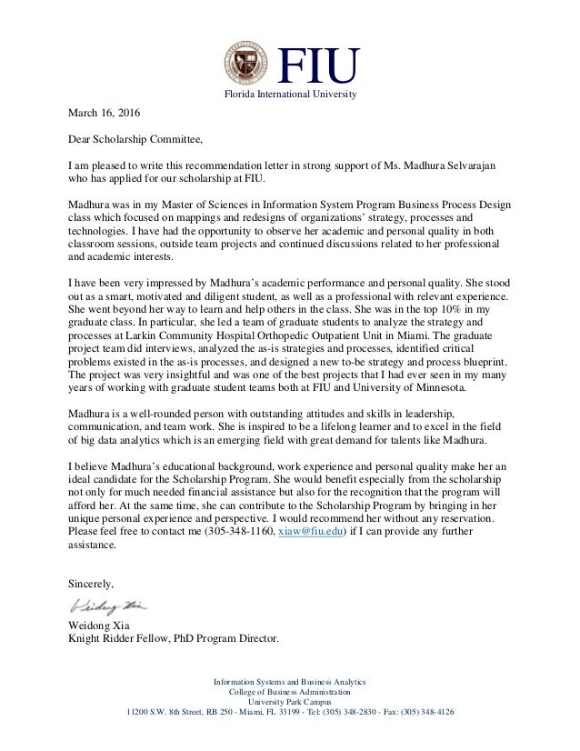 FIU Scholarship Recommendation letter for Madhura 
