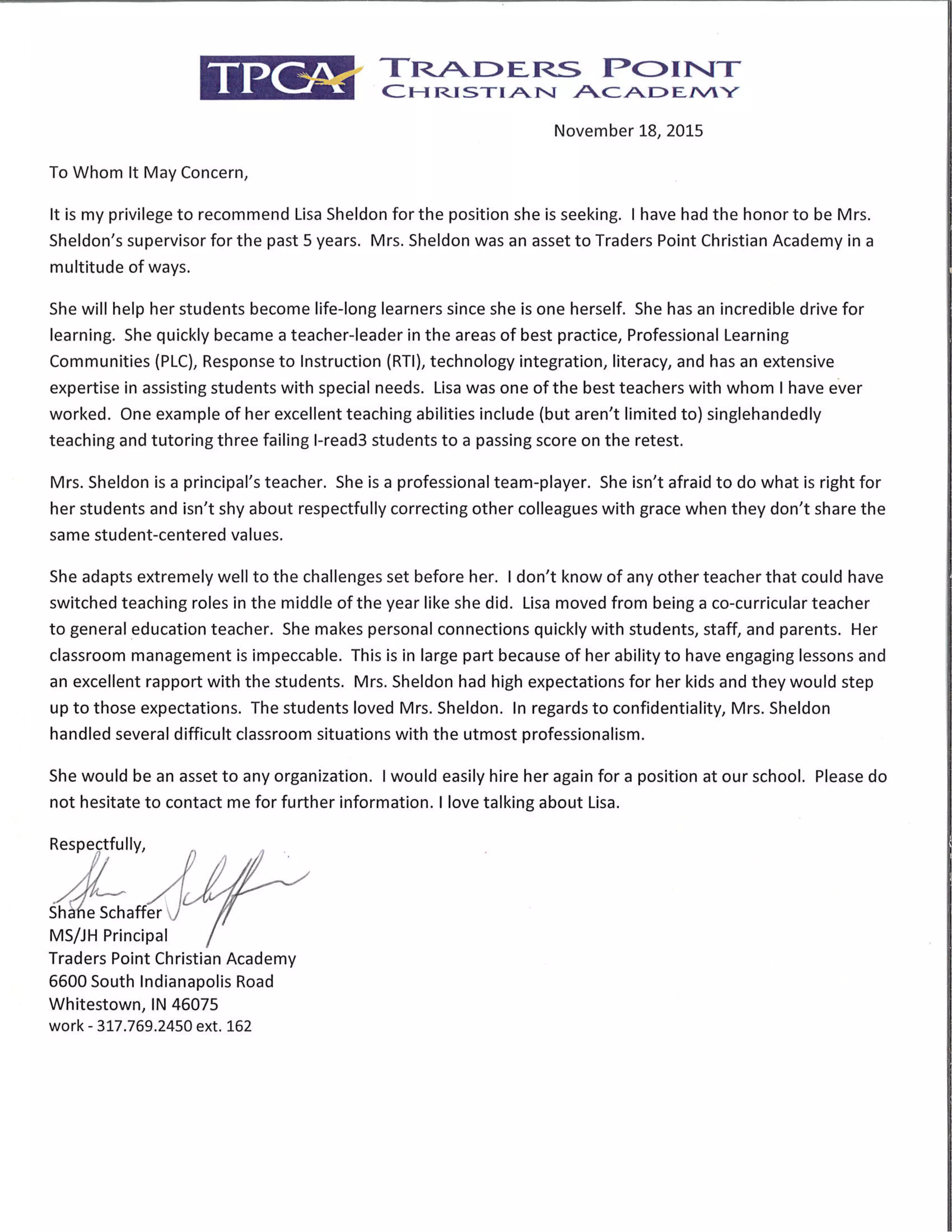 Shane Letter Lisa Sheldon recommendation letter-Shane Schaffer | PDF