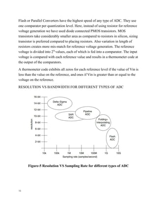 10
Flash or Parallel Converters have the highest speed of any type of ADC. They use
one comparator per quantization level. Here, instead of using resistor for reference
voltage generation we have used diode connected PMOS transistors. MOS
transistors take considerably smaller area as compared to resistors in silicon, sizing
transistor is preferred compared to placing resistors. Also variation in length of
resistors creates more mis-match for reference voltage generation. The reference
voltage is divided into 2N
values, each of which is fed into a comparator. The input
voltage is compared with each reference value and results in a thermometer code at
the output of the comparators.
A thermometer code exhibits all zeros for each reference level if the value of Vin is
less than the value on the reference, and ones if Vin is greater than or equal to the
voltage on the reference.
RESOLUTION VS BANDWIDTH FOR DIFFERENT TYPES OF ADC
Figure-5 Resolution VS Sampling Rate for different types of ADC
 