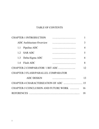 2
TABLE OF CONTENTS
CHAPTER-1 INTRODUCTION ……………………… 1
ADC Architecture Overview ……………………… 3
1.1 Pipeline ADC ……………………… 4
1.2 SAR ADC ……………………… 5
1.3 Delta-Sigma ADC ……………………… 6
1.4 Flash ADC ……………………… 8
CHAPTER-2 COMPARATOR/ 1 BIT ADC ……………….. 12
CHAPTER-3 FLASH/PARALLEL COMPARATOR
ADC DESIGN ……………………… 13
CHAPTER-4 CHARACTERIZATION OF ADC .………………… 15
CHAPTER-5 CONCLUSION AND FUTURE WORK ……….. 16
REFERENCES ………………………………………………..… 18
 