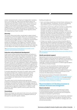 9© 2016 Governance Institute of Australia Governance principles for boards of public sector entities in Australia
similar mechanism) with a majority of independent members.
Such a committee can make recommendations about the
necessary and desirable competencies of the members. It is
important that the board’s charter clarify whether the board
is able to recommend its own appointments, or whether
suggestions for board appointments should be provided to
the shareholding or relevant Minister(s) for consideration. The
board or the nomination committee should regularly assess
the independence of each member.
Diversity
The entity, where practicable, should seek to adopt a board
membership profile that largely reflects the composition of the
Australian community it serves. In its advice to the Minister,
there should be tangible efforts to increase the representation
of women, diverse ethnic groups, a range of age groups,
people with disabilities, and Indigenous Australians. Where
services are provided by the public sector entity, the board
should seek to ensure that its advice to the Minister responds
to and reflects the reality of Australia’s diverse community.
See Good Governance Guide: Matters to consider in the
selection and nomination of directors.
Induction and professional development
Public sector entities should have processes and policies in
place which clearly outline the induction processes for newly
appointed board members. Regardless of whether they are
a first-time or experienced member, a well-formed induction
process should provide the newly appointed board member
with information about the entity (including the reason for its
formation as set out in the explanatory notes to the legislation
and any speeches by the Minister), its operations, governance
frameworks and all other details necessary to enable them to
perform their role effectively. Entities are encouraged to adopt
processes and policies relevant to their organisation for the
initial interaction with the newly appointed board member.
A member appointed to the board of a public sector entity
should be provided with a detailed induction pack that
provides them with a wide range of information about
the entity, the board and the board members, and the
accountability and relationship of the board with the
government.
The public sector entity should provide appropriate
professional development opportunities for board members
to develop and maintain the skills and knowledge required for
the fulfilment of their role, including the availability of mentors,
recognising any legislative requirements in relation to skill
sets which may relate to specific sectors within which the
board operates.
Committees
Board committees can add value to the community and other
stakeholders through the exercise of delegated authority of
the board to deal with specific matters.
Guiding principles are:
•	 Each committee should have a formal charter setting out its
role, responsibilities, composition, structure, membership
requirements, quorum and reporting requirements.
•	 Committees should have sufficient members to adequately
discharge their responsibilities. A minimum of three
members is usually considered appropriate. Usually,
members should be non-executive members. If this is not
possible, the majority of members should be non-executive
members. Executive member participation can usually be
better achieved by inviting executive members to attend
where they have important information or recommendations
to provide to the committee. Where executive members sit
on the committee, they should be in the minority.
•	 At least one member of the committee should be able to
demonstrate relevant expertise and experience in dealing
with the matters for which the committee has responsibility.
If there is a particular area where the committee is lacking
a skill, the committee should look to the board to appoint a
member with the necessary skill or recommend to the board
that it obtain specialist advice as an interim measure.
See Good Governance Guide: What a board committee charter
should address.
Clarify secretariat support
Appropriate administrative and secretariat support for the
board is integral to ensuring that the operation of the board
remains efficient and effective. The role of the board secretary
in the public sector is pivotal to the organisation of key
meetings, including the preparation of indexed agenda papers
and well documented minutes.
The function may be provided by the relevant department
or there may be a dedicated position prescribed by law.
Irrespective of the arrangements in place, appropriate
professional development should be provided to the provider
of the secretariat function to ensure it contributes to and
enhances the effectiveness of the board.
See Governance Institute of Australia’s best practice
governance documents: Best practice minutes; Best practice
agenda; and Best practice action items list, as well as Good
Governance Guide: Issues to consider when recording and
circulating minutes of directors’ meeting.
Recommendation 2.3: Develop processes to
evaluate the board and management
Board evaluation
A board evaluation is seen as an essential tool to assist
in achieving better board performance and effectiveness.
The board should develop comprehensive and transparent
processes to evaluate its performance.
Assessment of the board’s performance should be undertaken
in relation to the objectives of the agency, the performance
requirements relevant to the corporate or strategic plan, and
annual business plans.
 