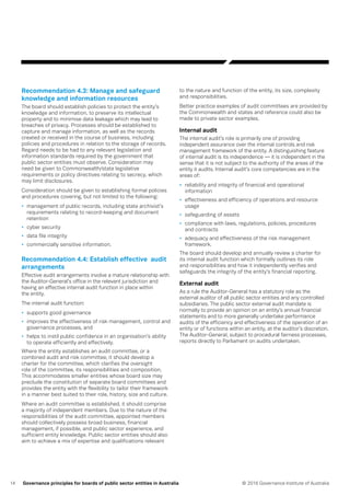 14 © 2016 Governance Institute of AustraliaGovernance principles for boards of public sector entities in Australia
Recommendation 4.3: Manage and safeguard
knowledge and information resources
The board should establish policies to protect the entity’s
knowledge and information, to preserve its intellectual
property and to minimise data leakage which may lead to
breaches of privacy. Processes should be established to
capture and manage information, as well as the records
created or received in the course of business, including
policies and procedures in relation to the storage of records.
Regard needs to be had to any relevant legislation and
information standards required by the government that
public sector entities must observe. Consideration may
need be given to Commonwealth/state legislative
requirements or policy directives relating to secrecy, which
may limit disclosures.
Consideration should be given to establishing formal policies
and procedures covering, but not limited to the following:
•	 management of public records, including state archivist’s
requirements relating to record-keeping and document
retention
•	 cyber security
•	 data file integrity
•	 commercially sensitive information.
Recommendation 4.4: Establish effective audit
arrangements
Effective audit arrangements involve a mature relationship with
the Auditor-General’s office in the relevant jurisdiction and
having an effective internal audit function in place within
the entity.
The internal audit function:
•	 supports good governance
•	 improves the effectiveness of risk management, control and
governance processes, and
•	 helps to instil public confidence in an organisation’s ability
to operate efficiently and effectively.
Where the entity establishes an audit committee, or a
combined audit and risk committee, it should develop a
charter for the committee, which clarifies the oversight
role of the committee, its responsibilities and composition.
This accommodates smaller entities whose board size may
preclude the constitution of separate board committees and
provides the entity with the flexibility to tailor their framework
in a manner best suited to their role, history, size and culture.
Where an audit committee is established, it should comprise
a majority of independent members. Due to the nature of the
responsibilities of the audit committee, appointed members
should collectively possess broad business, financial
management, if possible, and public sector experience, and
sufficient entity knowledge. Public sector entities should also
aim to achieve a mix of expertise and qualifications relevant
to the nature and function of the entity, its size, complexity
and responsibilities.
Better practice examples of audit committees are provided by
the Commonwealth and states and reference could also be
made to private sector examples.
Internal audit
The internal audit’s role is primarily one of providing
independent assurance over the internal controls and risk
management framework of the entity. A distinguishing feature
of internal audit is its independence — it is independent in the
sense that it is not subject to the authority of the areas of the
entity it audits. Internal audit’s core competencies are in the
areas of:
•	 reliability and integrity of financial and operational
information
•	 effectiveness and efficiency of operations and resource
usage
•	 safeguarding of assets
•	 compliance with laws, regulations, policies, procedures
and contracts
•	 adequacy and effectiveness of the risk management
framework.
The board should develop and annually review a charter for
its internal audit function which formally outlines its role
and responsibilities and how it independently verifies and
safeguards the integrity of the entity’s financial reporting.
External audit
As a rule the Auditor-General has a statutory role as the
external auditor of all public sector entities and any controlled
subsidiaries. The public sector external audit mandate is
normally to provide an opinion on an entity’s annual financial
statements and to more generally undertake performance
audits of the efficiency and effectiveness of the operation of an
entity or of functions within an entity, at the auditor’s discretion.
The Auditor-General, subject to procedural fairness processes,
reports directly to Parliament on audits undertaken.
 