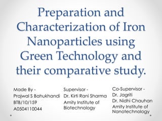 Preparation and
Characterization of Iron
Nanoparticles using
Green Technology and
their comparative study.
Made By -
Prajwal S Bahukhandi
BTB/10/159
A0504110044
Supervisor -
Dr. Kirti Rani Sharma
Amity Institute of
Biotechnology
Co-Supervisor -
Dr. Jagriti
Dr. Nidhi Chauhan
Amity Institute of
Nanotechnology
 