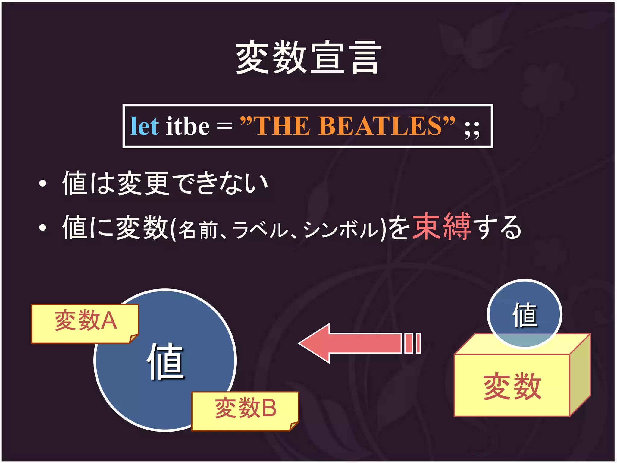 変数宣言
      let itbe = ”THE BEATLES” ;;

• 値は変更できない
• 値に変数(名前、ラベル、シンボル)を束縛する


変数A                                 値
       値
                                変数
            変数B
 