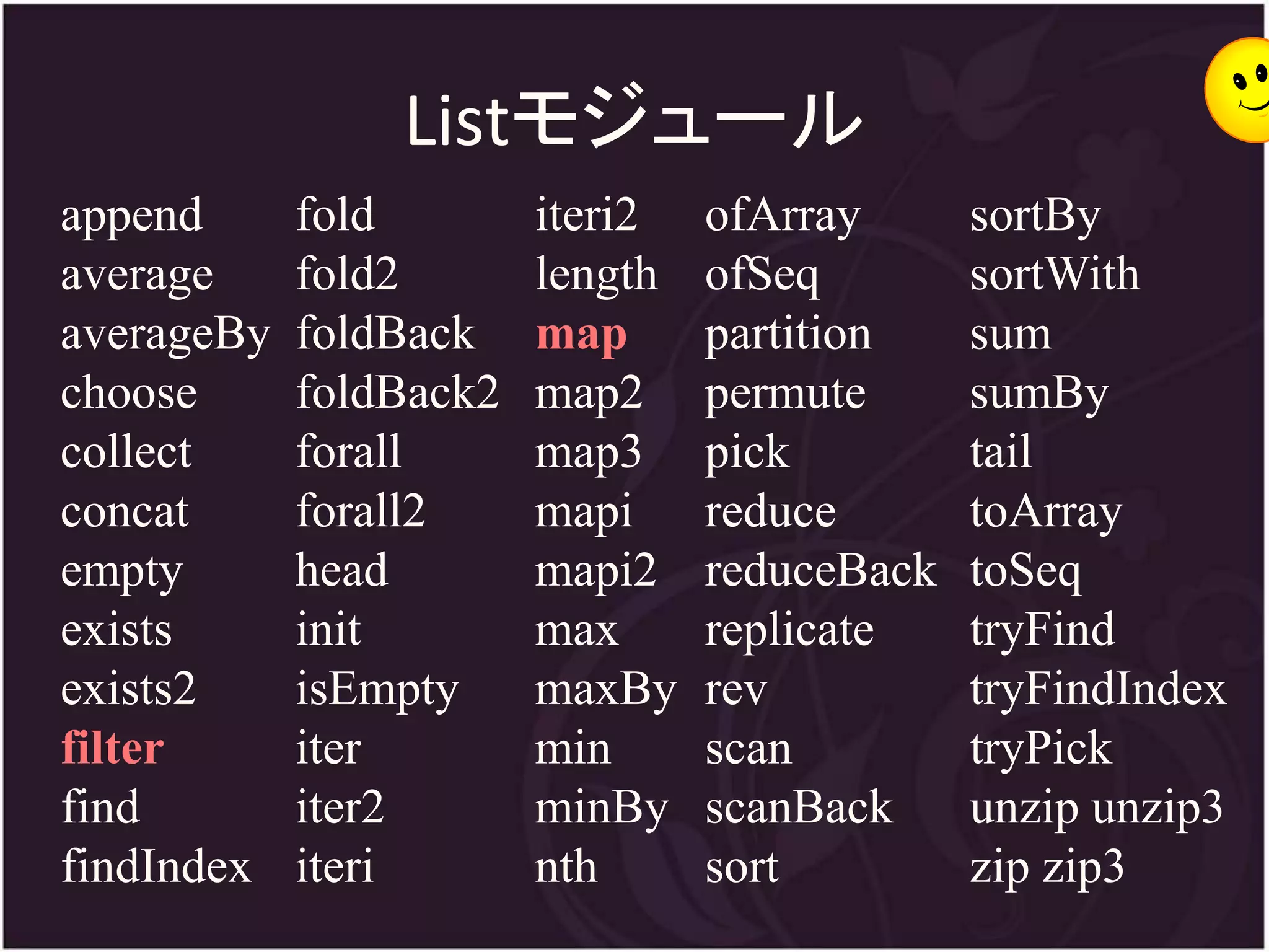 Listモジュール
append      fold        iteri2   ofArray      sortBy
average     fold2       length   ofSeq        sortWith
averageBy   foldBack    map      partition    sum
choose      foldBack2   map2     permute      sumBy
collect     forall      map3     pick         tail
concat      forall2     mapi     reduce       toArray
empty       head        mapi2    reduceBack   toSeq
exists      init        max      replicate    tryFind
exists2     isEmpty     maxBy    rev          tryFindIndex
filter      iter        min      scan         tryPick
find        iter2       minBy    scanBack     unzip unzip3
findIndex   iteri       nth      sort         zip zip3
 