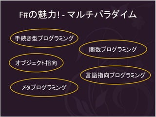F#の魅力! - マルチパラダイム

手続き型プログラミング
              関数プログラミング

オブジェクト指向

              言語指向プログラミング

 メタプログラミング
 