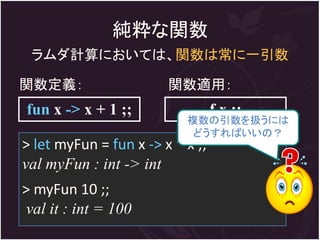 純粋な関数
 ラムダ計算においては、関数は常に一引数

関数定義：                   関数適用：
fun x -> x + 1 ;;                 f x ;;
                           複数の引数を扱うには
                            どうすればいいの？
> let myFun = fun x -> x * x ;;
val myFun : int -> int
> myFun 10 ;;
val it : int = 100
 