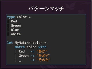 パ夕ーンマッチ
type Color =
| Red
| Green
| Blue
| White

let MyMatch4 color =
    match color with
    | Red   -> "あか"
    | Green -> "みどり"
    | _     -> "そのた"
 