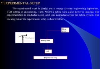 * EXPERIMENTAL SETUP
The experimental work is carried out at energy systems engineering department.
BVB college of engineering, Hubli. Where a hybrid wind diesel power is installed. The
experimentation is conducted using lamp load connected across the hybrid system. The
line diagram of the experimental setup is shown below,

Diesel
genset

Battery bank

Load

Experimental setup

 