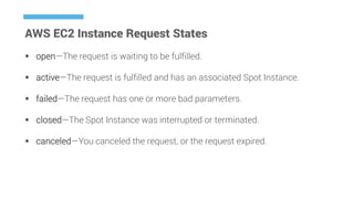 AWS EC2 Instance Request States
 open—The request is waiting to be fulfilled.
 active—The request is fulfilled and has an associated Spot Instance.
 failed—The request has one or more bad parameters.
 closed—The Spot Instance was interrupted or terminated.
 canceled—You canceled the request, or the request expired.
 