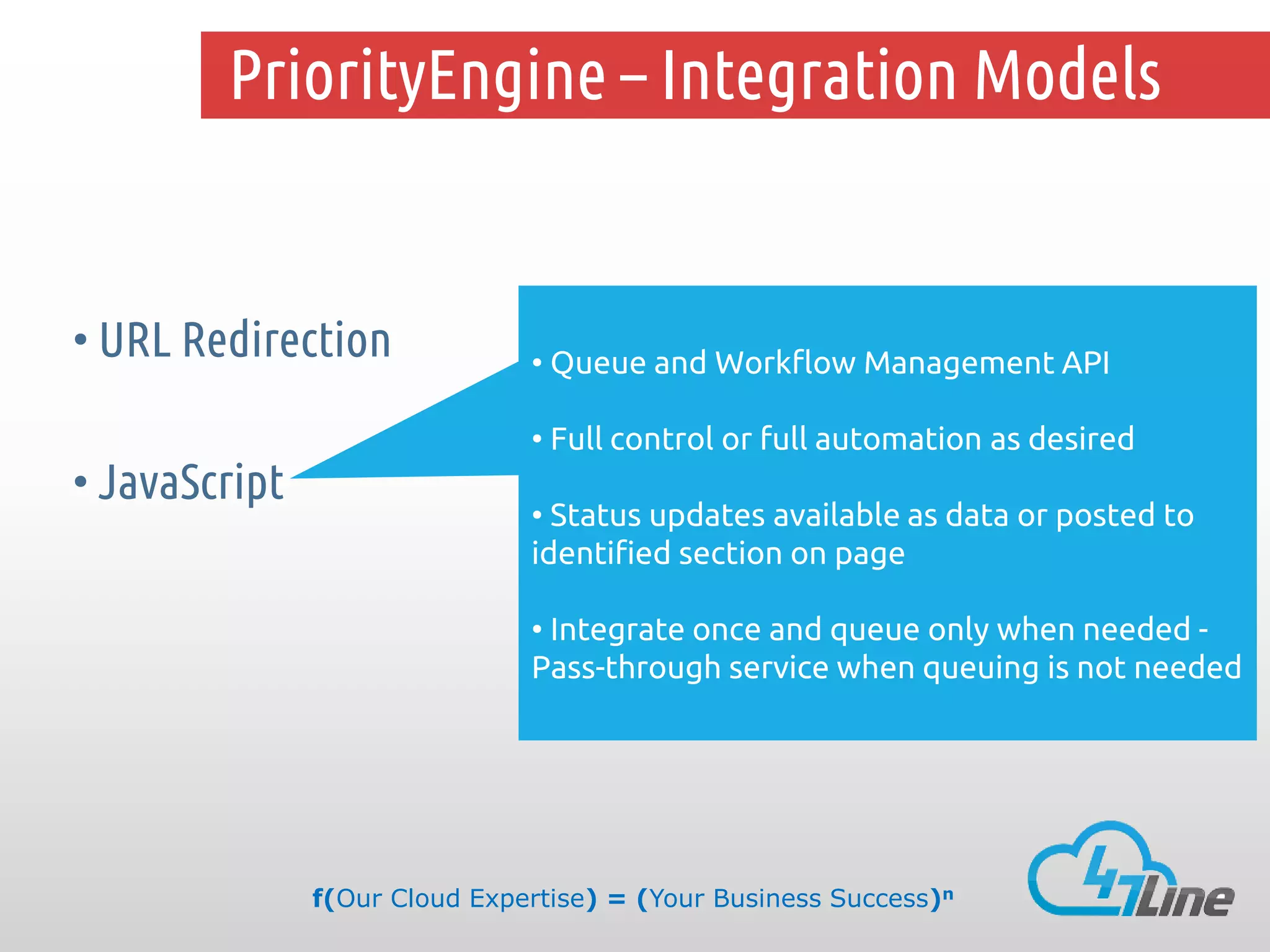 PriorityEngine – Integration Models

• URL Redirection
• JavaScript

• Queue and Workflow Management API

• Full control or full automation as desired
• Status updates available as data or posted to
identified section on page

• Integrate once and queue only when needed Pass-through service when queuing is not needed

f(Our Cloud Expertise) = (Your Business Success)n

 