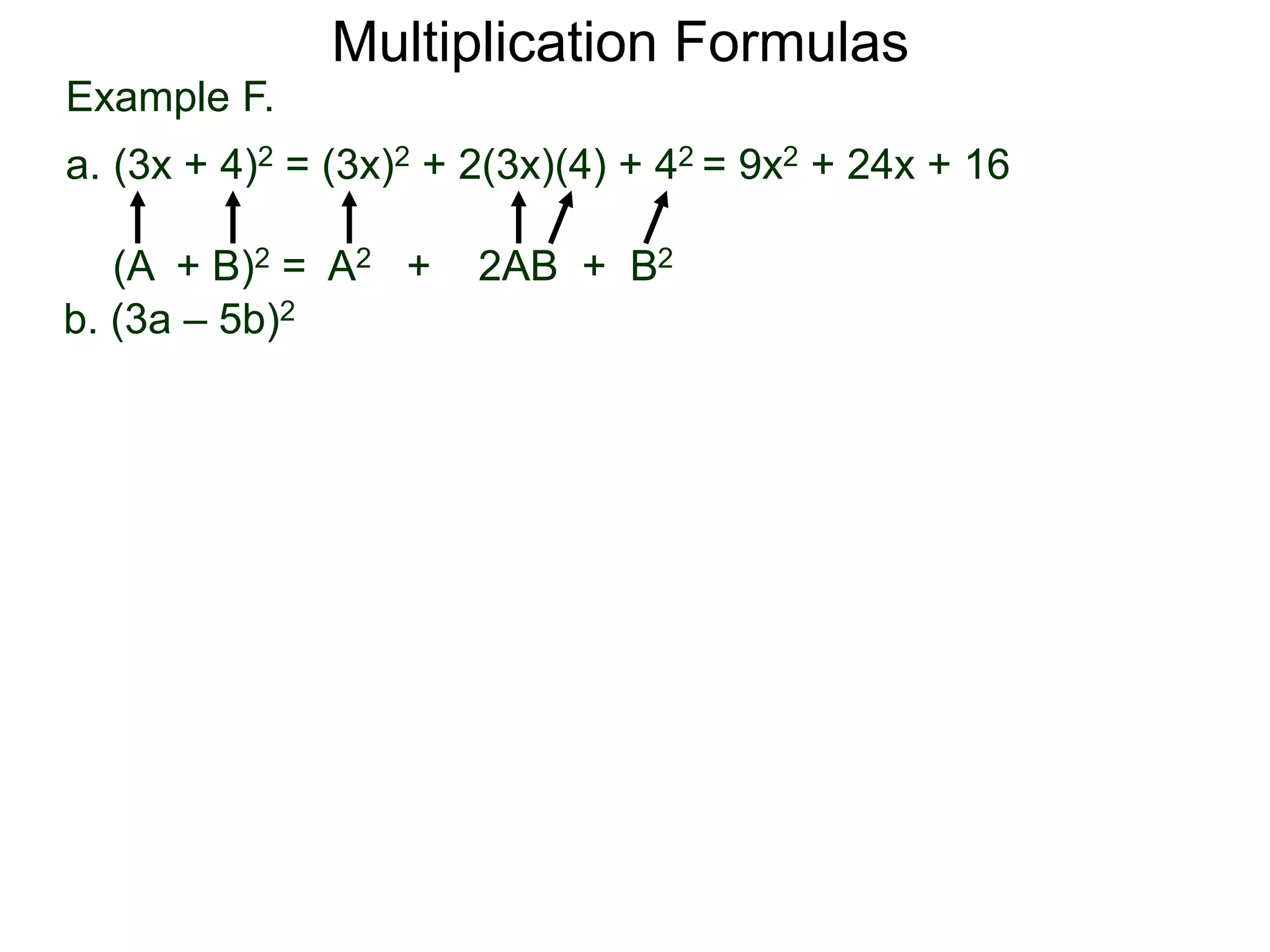 Example F.
a. (3x + 4)2 = (3x)2 + 2(3x)(4) + 42 = 9x2 + 24x + 16
(A + B)2 = A2 + 2AB + B2
Multiplication Formulas
b. (3a – 5b)2
 