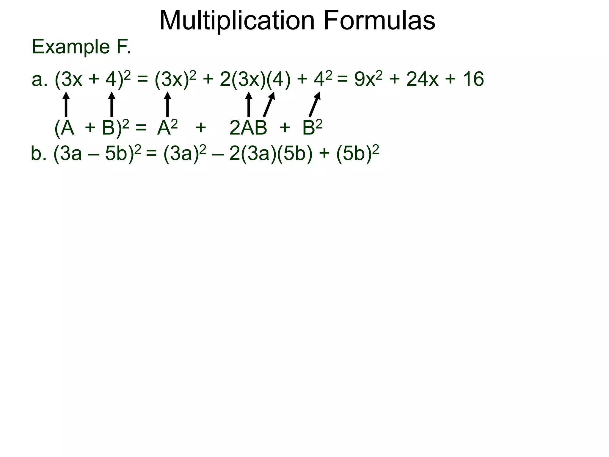 Example F.
a. (3x + 4)2 = (3x)2 + 2(3x)(4) + 42 = 9x2 + 24x + 16
(A + B)2 = A2 + 2AB + B2
Multiplication Formulas
b. (3a – 5b)2 = (3a)2 – 2(3a)(5b) + (5b)2
 