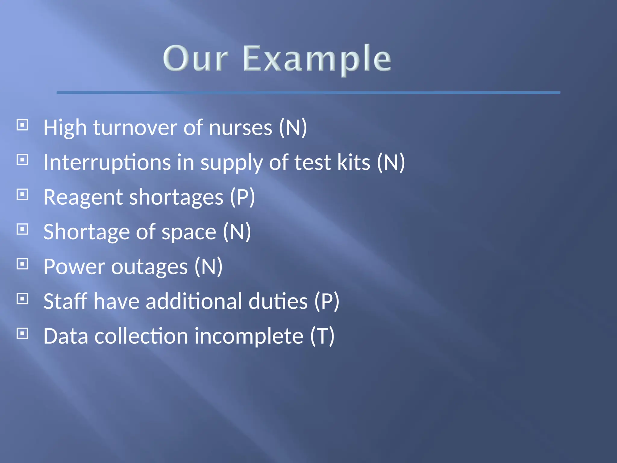  High turnover of nurses (N)
 Interruptions in supply of test kits (N)
 Reagent shortages (P)
 Shortage of space (N)
 Power outages (N)
 Staff have additional duties (P)
 Data collection incomplete (T)
 