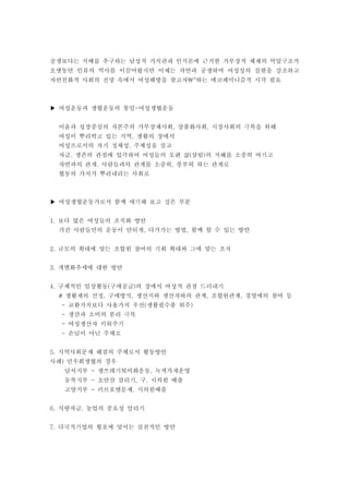 공생보다는 지배를 추구하는 남성적 가치관과 인식론에 근거한 가부장적 체제의 억압구조가
오랫동안 인류의 역사를 이끌어왔지만 이제는 자연과 공생하며 여성성의 실현을 강조하고
자연친화적 사회의 전망 속에서 여성해방을 찾고자 하는 에코페미니즘적 시각 필요"
여성운동과 생협운동의 통일 여성생협운동-▶
이윤과 성장중심의 자본주의 가부장제사회 상품화사회 시장사회의 극복을 위해, ,
여성이 뿌리박고 있는 지역 생활의 장에서,
여성으로서의 자기 정체성 주체성을 갖고.
자급 생존의 관점에 입각하여 여성들의 오랜 삶 살림 의 지혜를 소중히 여기고. ( )
자연과의 관계 사람들과의 관계를 소중히 풍부히 하는 관계로. ,
협동의 가치가 뿌리내리는 사회로
여성생협운동가로서 함께 얘기해 보고 싶은 부분▶
보다 많은 여성들의 조직화 방안1.
가진 사람들만의 운동이 안되게 다가가는 방법 함께 할 수 있는 방안, ,
규모의 확대에 맞는 조합원 참여의 기회 확대와 그에 맞는 조직2.
개별화추세에 대한 방안3.
구체적인 일상활동 구매공급 의 장에서 여성적 관점 드러내기4. ( )
생활재의 선정 구매방식 생산지와 생산자와의 관계 조합원관계 경영에의 참여 등# , , , ,
교환가치보다 사용가치 우선 생활필수품 위주- ( )
생산과 소비의 분리 극복-
여성생산자 키워주기-
손님이 아닌 주체로-
지역사회문제 해결의 주체로서 활동방안5.
사례 민우회생협의 경우)
남서지부 생쓰레기퇴비화운동 녹색가게운영- ,
동북지부 초안산 살리기 구 시의원 배출- , .
고양지부 러브호텔문제 시의원배출- ,
식량자급 농업의 중요성 알리기6. .
다국적기업의 횡포에 맞서는 실천적인 방안7.
 