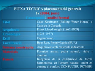 FITXA TÈCNICA (documentació general)
1v (2004, juny)
Catalogació i anàlisi formal
Títol Casa Kaufmann (Falling Water House) o
Casa de la Cascada
Arquitecte Frank Lloyd Wright (1867-1959)
Cronologia (1935-1937)
Estil Organicisme
Localització Bear Run, Pennsylvania (EUA)
Sistema constructiu Arquitravat amb materials industrials
Materials Formigó armat, pedra natural, vidre i
alumini
Funció Integració de la construcció de forma
harmoniosa, en l’entorn natural, tenint en
compte el confort. CONSULTEU POWER!
 