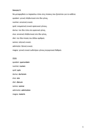6
Άσκηση II.
Να μεταφερθούν οι παρακάτω τύποι στις πτώσεις που ζητούνται για το καθένα:
quodam: γενική πληθυντικού στο ίδιο γένος.
numine: αιτιατική ενικού.
quid: ονομαστική ενικού αρσενικού γένους.
durius: τον ίδιο τύπο στο αρσενικό γένος.
eius: αιτιατική πληθυντικού στο ίδιο γένος.
diei: την ίδια πτώση του άλλου αριθμού.
somno: κλητική ενικού.
admiratio: δοτική ενικού.
magna: γενική ενικού ουδετέρου γένους συγκριτικού βαθμού.
Λύση
quodam: quorundam
numine: numen
quid: quis
durius: duriorem
eius: eos
diei: dierum
somno: somne
admiratio: admiration
magna: maioris
 