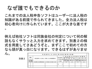 なぜ誰でもできるのか
これまでの法人税申告ソフトはユーザーに法人税の
知識がある前提で作られてきました。全力法人税は
初心者向けに作られています。ここが大きな差です
。
例えば他社ソフトは同族会社の判定について何の解
説もなくサラッと入力を求めてきます。別表２の様
式を用意してさあどうぞと。まずここで初めての方
なら頭が真っ白になります。できるはずがありませ
ん。
別表２
 