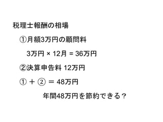 税理士報酬の相場
①月額3万円の顧問料
3万円 × 12月 = 36万円
②決算申告料 12万円
① ＋ ② ＝ 48万円
年間48万円を節約できる？
 