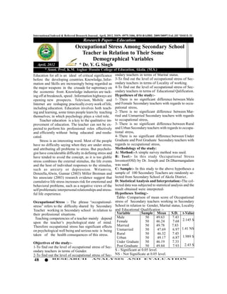 International Indexed & Referred Research Journal, April, 2012. ISSN- 0975-3486, RNI-RAJBIL 2009/30097;VoL.III *ISSUE-31
                                     Research Paper—Education
                               Occupational Stress Among Secondary School
                                 Teacher in Relation to Their Some
                                     Demographical Variables
   April, 2012                   * Dr. Y. G. Singh
         * Assot. Prof, K.M. Asghar Husain College of Education, Akola. (M.S.)
Education for all is an ideal of critical significance ondary teachers in terms of Marital status.
before the developing countries. Knowledge, Infor- 3-To find out the level of occupational stress of Sec-
mation and Skills are increasingly being regarded as ondary teachers in terms of Locality of working.
the major weapons in the crusade for supremacy on 4-To find out the level of occupational stress of Sec-
the economic front. Knowledge industries are tack- ondary teachers in terms of Educational Qalification.
ing off at breakneck, speed . Information highways are Hypotheses of the study:-
opening new prospects. Televison, Mobile and 1- There is no significant difference between Male
Internet are reshaping practically every work of life, and Female Secondary teachers with regards to occu-
including education. Education involves both teach- pational stress,
ing and learning, some times people learn by teaching 2- There is no significant difference between Mar-
themselves; in which psychology plays a vitol role. ried and Unmarried Secondary teachers with regards
     Teacher education is a key to the qualitative im- to occupational stress,
provement of education. The teacher can not be ex- 3- There is no significant difference between Rural
pected to perform his professional roles effectively and Urban Secondary teachers with regards to occupa-
and efficiently without being educated and reedu- tional stress,
cated.                                                   4- There is no significant difference between Under
     Stress is an interesting word. Most of the people Graduate and Post Graduate Secondary teachers with
have no difficulty saying when they are under stress, regards to occupational stress,
and attributing all probleme to stress. But psycholo- Methodology of the study:
gist have conciderable difficulty in defining stress and A: Method:-A simple survey method was used.
have tended to avoid the concept, as it is too globle B: Tool:- In this study Occupational Stress
stress combines the external stimulus, the life events Inventor(OSI) by Dr. Joseph and Dr.Dharmangadam
and the host of individual responses to the stimulus, was used.
such as anxiety or depression. Wrtamvra, C: Sample:- In this study to the above hypotheses a
Donzella,Alwin, Gunnar (2003) Miller Brotman and sample of 100 Secondary Teachers are randomly se-
his associate (2003) research evidence suggest that lected from Secondary School of Akola District..
cumulative life stress increases risk for emotional and D: Statistical Analysis and Interpretation:-The col-
behavioral problems, such as a negative views of the lected data was subjected to statistical analysis and the
self problematic interpersonal relationships and stress- result obtained were interpreted-
ful life experience.                                     Hypotheses Testing:-
                                                          Table- Comparison of mean score of Occupational
Occupational Stress :- The phrase “occupational- stress of Secondary teachers working in Secondary
stress” refers to the difficulty shared by Secondary School in relation to Gender, Marital status, Locality
Teacher working in Secondary school in relation to and Educational Qualification :-
their professional situations.                            Variable          Sample Mean S.D. t-Value
 Teaching competencies of a teacher mainly depend Male                        50      49.63    7.43
upon the teacher’s psychological state of mind. Female                        50      46.24     7.68 2.145 S
Therefore occupational stress has significant effects Married                 50      49.78    7.83
on psychological well being and serious note is being     Unmarried           50       47.69    6.97 1.41 NS
taken of the health consequences of this stress.          Rural               50       46.32   7.45
                                                          Urban               50       49.17    6.87 1.989 S
Objectives of the study:-                                 Under Graduate      50      46.19    7.33
1-To find out the level of occupational stress of Sec-    Post Graduate       50      49.84     7.93 2.43 S
ondary teachers in terms of Gender.                      S - Significant at 0.05 level.
2-To find out the level of occupational stress of Sec- NS - Not Significate at 0.05 level.
48            RESEARCH                      AN ALYSI S                AND          EVALU ATION
 