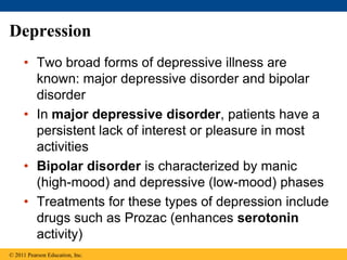 Depression
• Two broad forms of depressive illness are
known: major depressive disorder and bipolar
disorder
• In major depressive disorder, patients have a
persistent lack of interest or pleasure in most
activities
• Bipolar disorder is characterized by manic
(high-mood) and depressive (low-mood) phases
• Treatments for these types of depression include
drugs such as Prozac (enhances serotonin
activity)
© 2011 Pearson Education, Inc.
 