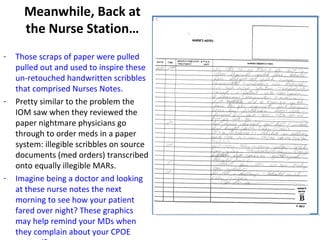 Meanwhile, Back at
      the Nurse Station…
-   Those scraps of paper were pulled
    pulled out and used to inspire these
    un-retouched handwritten scribbles
    that comprised Nurses Notes.
-   Pretty similar to the problem the
    IOM saw when they reviewed the
    paper nightmare physicians go
    through to order meds in a paper
    system: illegible scribbles on source
    documents (med orders) transcribed
    onto equally illegible MARs.
-   Imagine being a doctor and looking
    at these nurse notes the next
    morning to see how your patient
    fared over night? These graphics
    may help remind your MDs when
    they complain about your CPOE
 