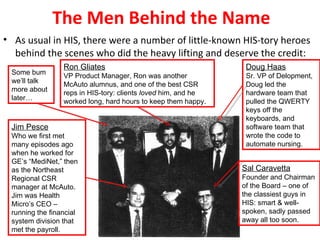 The Men Behind the Name
• As usual in HIS, there were a number of little-known HIS-tory heroes
  behind the scenes who did the heavy lifting and deserve the credit:
                 Ron Gliates                                    Doug Haas
 Some bum        VP Product Manager, Ron was another            Sr. VP of Delopment,
 we’ll talk      McAuto alumnus, and one of the best CSR        Doug led the
 more about      reps in HIS-tory: clients loved him, and he    hardware team that
 later…          worked long, hard hours to keep them happy.    pulled the QWERTY
                                                                keys off the
                                                                keyboards, and
 Jim Pesce                                                      software team that
 Who we first met                                               wrote the code to
 many episodes ago                                              automate nursing.
 when he worked for
 GE’s “MediNet,” then
 as the Northeast                                              Sal Caravetta
 Regional CSR                                                  Founder and Chairman
 manager at McAuto.                                            of the Board – one of
 Jim was Health                                                the classiest guys in
 Micro’s CEO –                                                 HIS: smart & well-
 running the financial                                         spoken, sadly passed
 system division that                                          away all too soon.
 met the payroll.
 