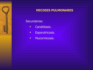 MICOSIS PULMONARES Secundarias:   Candidiasis.   Esporotricosis.   Mucormicosis. 