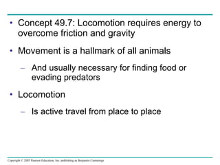 Concept 49.7: Locomotion requires energy to overcome friction and gravity Movement is a hallmark of all animals And usually necessary for finding food or evading predators Locomotion Is active travel from place to place 