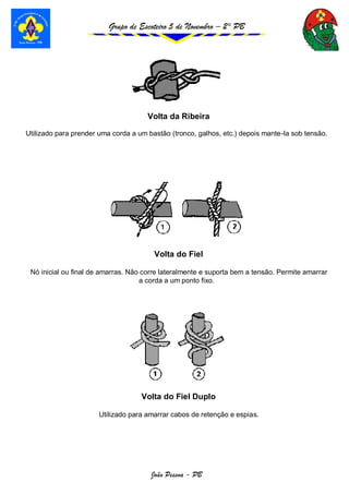Grupo de Escoteiro 5 de Novembro – 2° PB
João Pessoa - PB
Volta da Ribeira
Utilizado para prender uma corda a um bastão (tronco, galhos, etc.) depois mante-la sob tensão.
Volta do Fiel
Nó inicial ou final de amarras. Não corre lateralmente e suporta bem a tensão. Permite amarrar
a corda a um ponto fixo.
Volta do Fiel Duplo
Utilizado para amarrar cabos de retenção e espias.
 