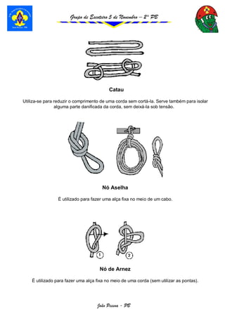 Grupo de Escoteiro 5 de Novembro – 2° PB
João Pessoa - PB
Catau
Utiliza-se para reduzir o comprimento de uma corda sem cortá-la. Serve também para isolar
alguma parte danificada da corda, sem deixá-la sob tensão.
Nó Aselha
É utilizado para fazer uma alça fixa no meio de um cabo.
Nó de Arnez
É utilizado para fazer uma alça fixa no meio de uma corda (sem utilizar as pontas).
 