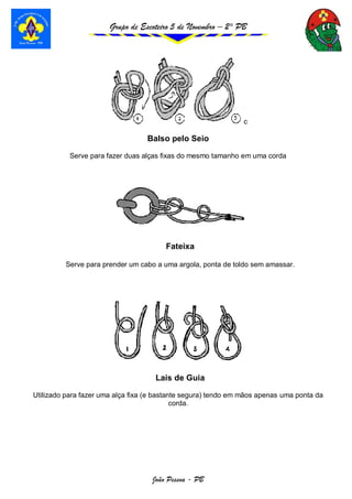 Grupo de Escoteiro 5 de Novembro – 2° PB
João Pessoa - PB
c
Balso pelo Seio
Serve para fazer duas alças fixas do mesmo tamanho em uma corda
Fateixa
Serve para prender um cabo a uma argola, ponta de toldo sem amassar.
Lais de Guia
Utilizado para fazer uma alça fixa (e bastante segura) tendo em mãos apenas uma ponta da
corda.
 
