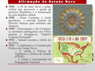  1926 – a 28 de maio dá-se o golpe
militar que provocou a queda da
primeira República e a instauração
de uma ditadura militar.
 1928 – Óscar Carmona é eleito
presidente e convida António de
Oliveira Salazar para ministro das
finanças.
 1930 – Promulgado o Ato Colonial,
os territórios portugueses em África
passam a designar-se “Império
Colonial Português”.
 1932 – Salazar assume a chefia do
governo
 1933 – É publicada a I Constituição
Política do Estado Novo
– É criada a Polícia de
Vigilância e Defesa do Estado
(PVDE)
– É criado o Secretariado de
Propaganda Nacional.
 