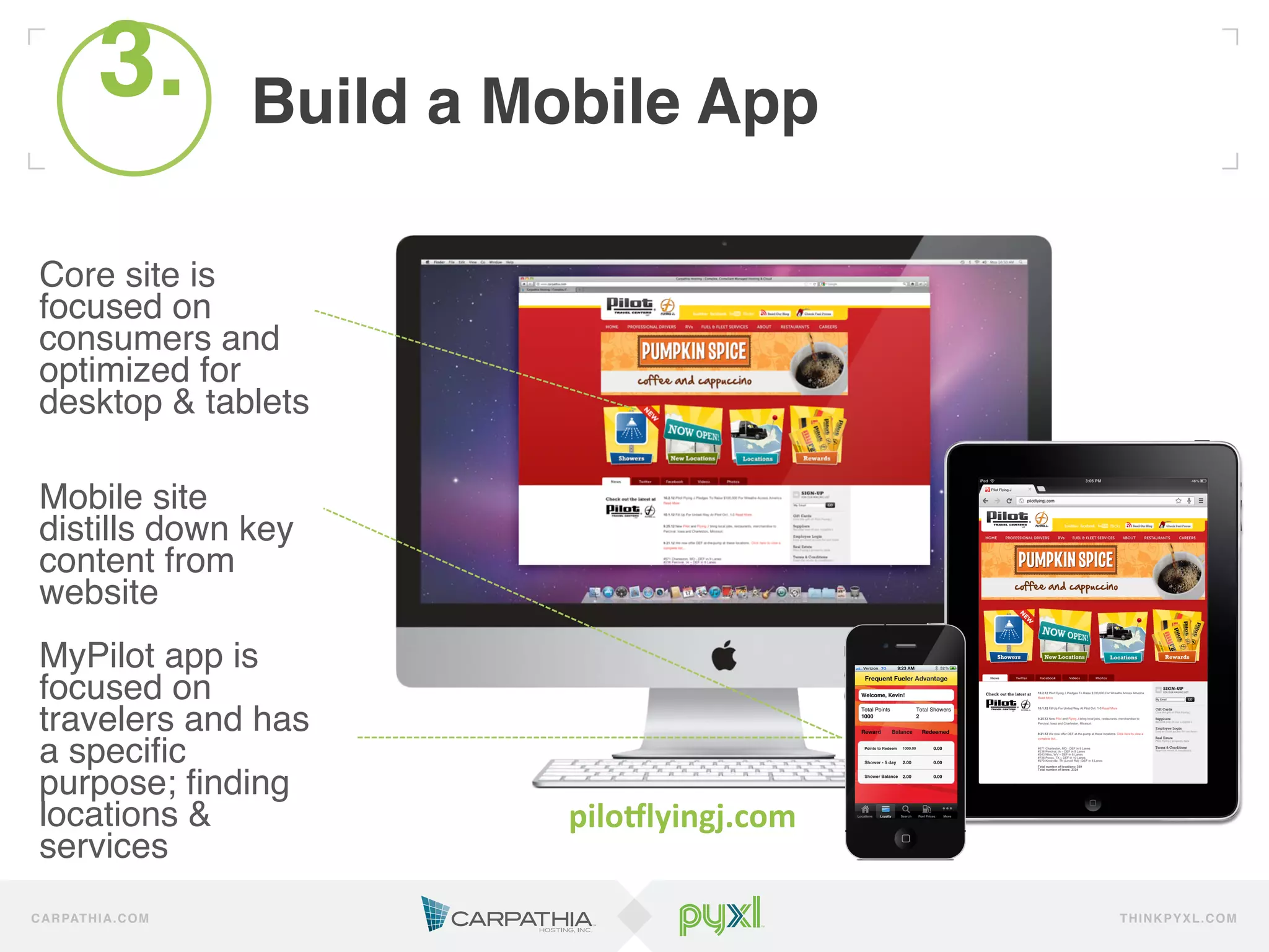 3.
              !           Build a Mobile App!

 Core site is
 focused on
 consumers and
 optimized for
 desktop & tablets !
 !
 !
 Mobile site
 distills down key
 content from
 website!
 !
 MyPilot app is
 focused on
 travelers and has
 a speciﬁc
 purpose; ﬁnding
 locations &                        pilo0lyingj.com	
  
 services!
 !
 !
C A R PAT H I A . C O M                                   TH IN K P Y X L.C OM
 