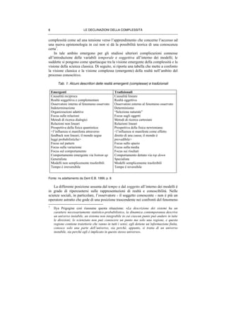 LE DECLINAZIONI DELLA COMPLESSITÀ6
complessità come ad una tensione verso l’apprendimento che concerne l’accesso ad
una nuova epistemologia in cui non si dà la possibilità teorica di una conoscenza
certa7
.
In tale ambito emergono per gli studiosi ulteriori complicazioni connesse
all’introduzione delle variabili temporale e soggettiva all’interno dei modelli; le
suddette si pongono come spartiacque tra la visione emergente della complessità e la
visione della scienza classica. Di seguito, si riporta una tabella che mette a confonto
la visione classica e la visione complessa (emergente) della realtà nell’ambito del
processo conoscitivo.
Tab. 1: Alcuni descrittori delle realtà emergenti (complesse) e tradizionali
Emergenti Tradizionali
Causalità reciproca
Realtà soggettiva e complementare
Osservatore interno al fenomeno osservato
Indeterminazione
Organizzazioni adattive
Focus sulle relazioni
Metodi di ricerca dialogici
Relazioni non lineari
Prospettiva della fisica quantistica:
<l’influenza si manifesta attraverso
feedback non lineari; il mondo segue
leggi probabilistiche>
Focus sul pattern
Focus sulla variazione
Focus sul comportamento
Comportamento emergente via bottom up
Generalista
Modelli non semplicemente trasferibili
Tempo è irreversibile
Causalità lineare
Realtà oggettiva
Osservatore esterno al fenomeno osservato
Determinismo
“Selezione naturale”
Focus sugli oggetti
Metodi di ricerca cartesiani
Relazioni lineari
Prospettiva della fisica newtoniana:
<l’influenza si manifesta come effetto
diretto di una causa; il mondo è
prevedibile>
Focus sullo spazio
Focus sulla media
Focus sui risultati
Comportamento dettato via top down
Specialista
Modelli semplicemente trasferibili
Tempo è reversibile
Fonte: ns adattamento da Dent E.B. 1999, p. 8
La differente posizione assunta dal tempo e dal soggetto all’interno dei modelli è
in grado di ripercuotersi sulle rappresentazioni di realtà e conoscibilità. Nelle
scienze sociali, in particolare, l’osservatore - il soggetto conoscente - non è più un
operatore astratto che gode di una posizione trascendente nei confronti del fenomeno
7
Ilya Prigogine così riassume questa situazione: «La descrizione dei sistemi ha un
carattere necessariamente statistico-probabilistico, la dinamica contemporanea descrive
un universo instabile, un sistema non integrabile in cui ciascun punto può andare in tutte
le direzioni; lo scienziato non può conoscere un punto ma solo una regione, e questa
regione contiene traiettorie che vanno in tutti i sensi; egli detiene un’informazione finita,
conosce solo una parte dell’universo, sia perché, appunto, si tratta di un universo
instabile, sia perché egli è implicato in questo stesso universo».
 