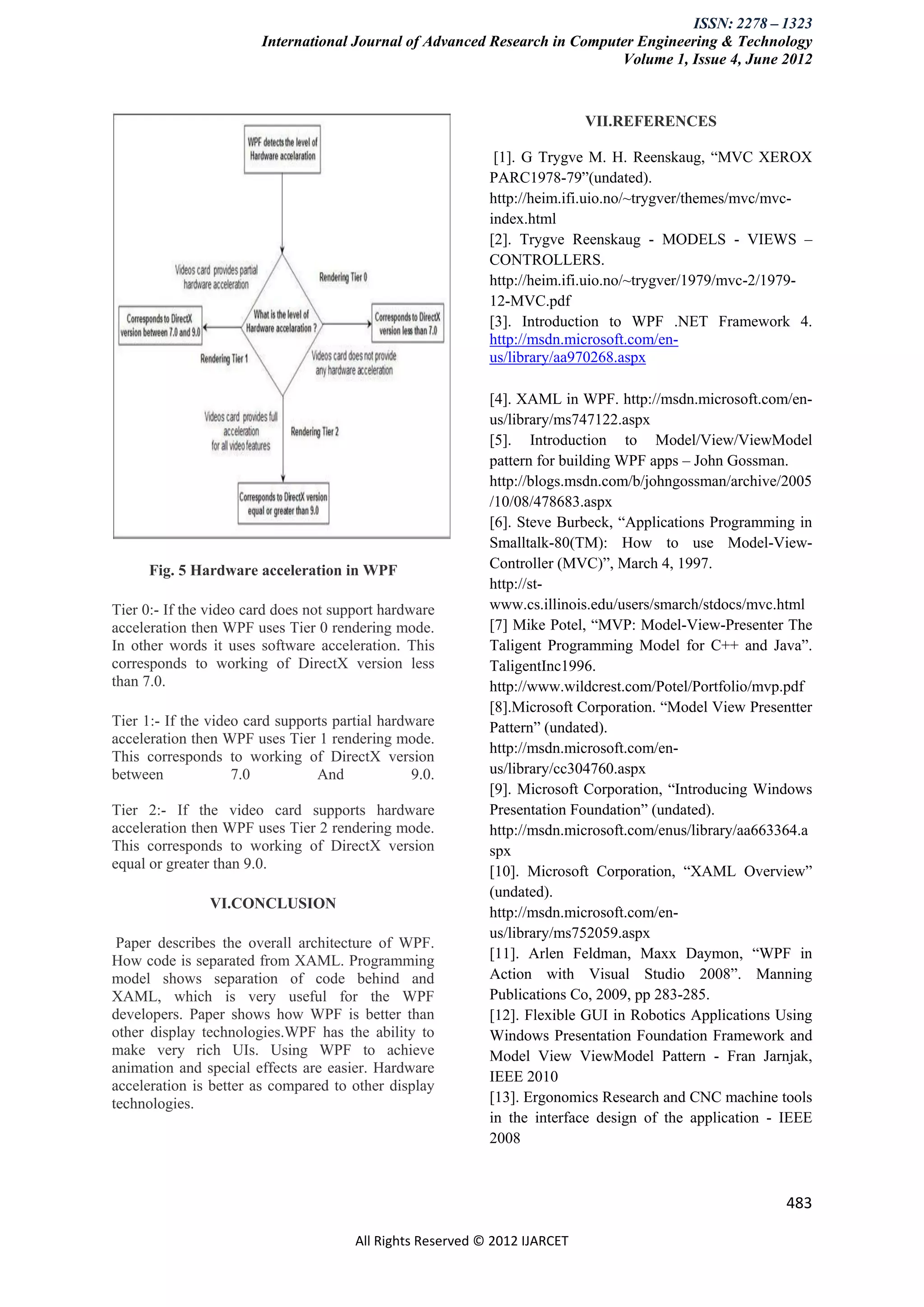 ISSN: 2278 – 1323
                        International Journal of Advanced Research in Computer Engineering & Technology
                                                                            Volume 1, Issue 4, June 2012


                                                                            VII.REFERENCES

                                                             [1]. G Trygve M. H. Reenskaug, “MVC XEROX
                                                            PARC1978-79”(undated).
                                                            http://heim.ifi.uio.no/~trygver/themes/mvc/mvc-
                                                            index.html
                                                            [2]. Trygve Reenskaug - MODELS - VIEWS –
                                                            CONTROLLERS.
                                                            http://heim.ifi.uio.no/~trygver/1979/mvc-2/1979-
                                                            12-MVC.pdf
                                                            [3]. Introduction to WPF .NET Framework 4.
                                                            http://msdn.microsoft.com/en-
                                                            us/library/aa970268.aspx

                                                            [4]. XAML in WPF. http://msdn.microsoft.com/en-
                                                            us/library/ms747122.aspx
                                                            [5]. Introduction to Model/View/ViewModel
                                                            pattern for building WPF apps – John Gossman.
                                                            http://blogs.msdn.com/b/johngossman/archive/2005
                                                            /10/08/478683.aspx
                                                            [6]. Steve Burbeck, “Applications Programming in
                                                            Smalltalk-80(TM): How to use Model-View-
      Fig. 5 Hardware acceleration in WPF                   Controller (MVC)”, March 4, 1997.
                                                            http://st-
Tier 0:- If the video card does not support hardware        www.cs.illinois.edu/users/smarch/stdocs/mvc.html
acceleration then WPF uses Tier 0 rendering mode.           [7] Mike Potel, “MVP: Model-View-Presenter The
In other words it uses software acceleration. This          Taligent Programming Model for C++ and Java”.
corresponds to working of DirectX version less              TaligentInc1996.
than 7.0.                                                   http://www.wildcrest.com/Potel/Portfolio/mvp.pdf
                                                            [8].Microsoft Corporation. “Model View Presentter
Tier 1:- If the video card supports partial hardware        Pattern” (undated).
acceleration then WPF uses Tier 1 rendering mode.
                                                            http://msdn.microsoft.com/en-
This corresponds to working of DirectX version
between             7.0          And             9.0.       us/library/cc304760.aspx
                                                            [9]. Microsoft Corporation, “Introducing Windows
Tier 2:- If the video card supports hardware                Presentation Foundation” (undated).
acceleration then WPF uses Tier 2 rendering mode.           http://msdn.microsoft.com/enus/library/aa663364.a
This corresponds to working of DirectX version              spx
equal or greater than 9.0.                                  [10]. Microsoft Corporation, “XAML Overview”
                                                            (undated).
                VI.CONCLUSION
                                                            http://msdn.microsoft.com/en-
                                                            us/library/ms752059.aspx
 Paper describes the overall architecture of WPF.
How code is separated from XAML. Programming                [11]. Arlen Feldman, Maxx Daymon, “WPF in
model shows separation of code behind and                   Action with Visual Studio 2008”. Manning
XAML, which is very useful for the WPF                      Publications Co, 2009, pp 283-285.
developers. Paper shows how WPF is better than              [12]. Flexible GUI in Robotics Applications Using
other display technologies.WPF has the ability to           Windows Presentation Foundation Framework and
make very rich UIs. Using WPF to achieve                    Model View ViewModel Pattern - Fran Jarnjak,
animation and special effects are easier. Hardware
                                                            IEEE 2010
acceleration is better as compared to other display
technologies.                                               [13]. Ergonomics Research and CNC machine tools
                                                            in the interface design of the application - IEEE
                                                            2008



                                                                                                         483

                                       All Rights Reserved © 2012 IJARCET
 