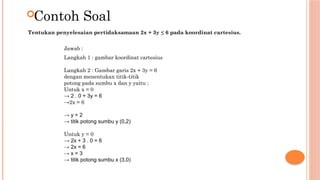 Contoh Soal
Tentukan penyelesaian pertidaksamaan 2x + 3y ≤ 6 pada koordinat cartesius.
Jawab :
Langkah 1 : gambar koordinat cartesius
Langkah 2 : Gambar garis 2x + 3y = 6
dengan menentukan titik-titik
potong pada sumbu x dan y yaitu :
Untuk x = 0
→ 2 . 0 + 3y = 6
→2x = 6
→ y = 2
→ titik potong sumbu y (0,2)
Untuk y = 0
→ 2x + 3 . 0 = 6
→ 2x = 6
→ x = 3
→ titik potong sumbu x (3,0)
 