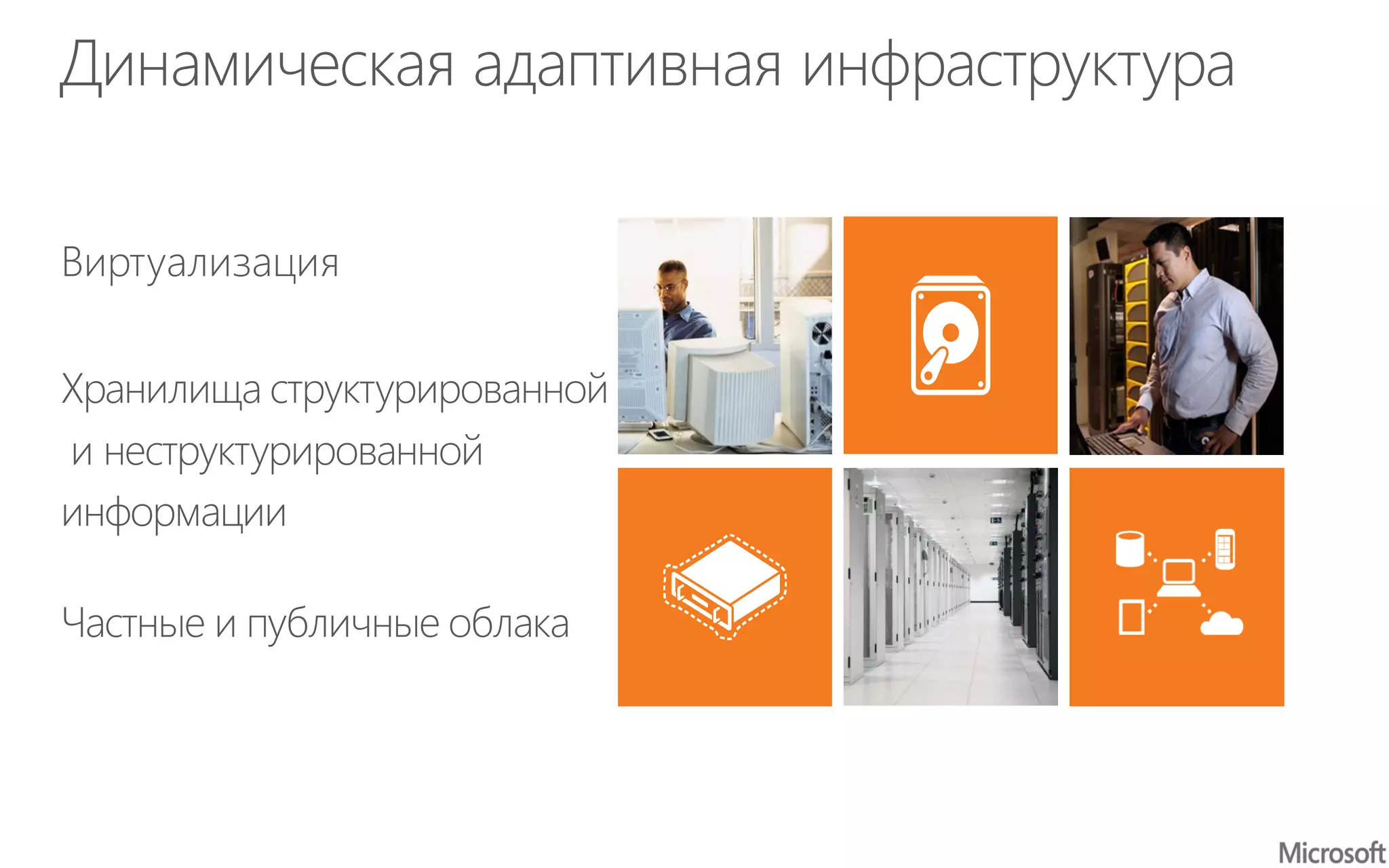 Динамическая адаптивная инфраструктура
Виртуализация
Частные и публичные облака
Хранилища структурированной
и неструктурированной
информации
 