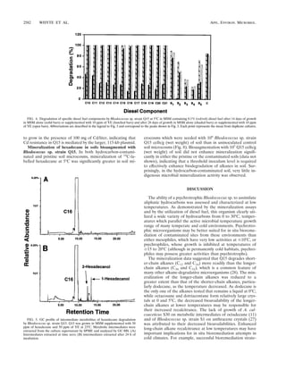 to grow in the presence of 100 mg of Cd/liter, indicating that
Cd resistance in Q15 is mediated by the larger, 115-kb plasmid.
Mineralization of hexadecane in soils bioaugmented with
Rhodococcus sp. strain Q15. In both hydrocarbon-contami-
nated and pristine soil microcosms, mineralization of 14
C-la-
belled hexadecane at 5°C was signiﬁcantly greater in soil mi-
crocosms which were seeded with 108
Rhodococcus sp. strain
Q15 cells/g (wet weight) of soil than in uninoculated control
soil microcosms (Fig. 8). Bioaugmentation with 105
Q15 cells/g
(wet weight) of soil did not enhance mineralization signiﬁ-
cantly in either the pristine or the contaminated soils (data not
shown), indicating that a threshold inoculum level is required
to effectively enhance biodegradation of alkanes in soil. Sur-
prisingly, in the hydrocarbon-contaminated soil, very little in-
digenous microbial mineralization activity was observed.
DISCUSSION
The ability of a psychrotrophic Rhodococcus sp. to assimilate
aliphatic hydrocarbons was assessed and characterized at low
temperatures. As demonstrated by the mineralization assays
and by the utilization of diesel fuel, this organism clearly uti-
lized a wide variety of hydrocarbons from 0 to 30°C, temper-
atures which parallel the active microbial temperature growth
range of many temperate and cold environments. Psychrotro-
phic microorganisms may be better suited for in situ bioreme-
diation of contaminated sites from these environments than
either mesophiles, which have very low activities at Յ10°C, or
psychrophiles, whose growth is inhibited at temperatures of
Ն15 to 20°C (although in permanently cold habitats, psychro-
philes may possess greater activities than psychrotrophs).
The mineralization data suggested that Q15 degrades short-
er-chain alkanes (C12 and C16) more readily than the longer-
chain alkanes (C28 and C32), which is a common feature of
many other alkane-degradative microorganisms (28). The min-
eralization of the longer-chain alkanes was reduced to a
greater extent than that of the shorter-chain alkanes, particu-
larly dodecane, as the temperature decreased. As dodecane is
the only one of the alkanes tested that remains a liquid at 0°C,
while octacosane and dotriacontane form relatively large crys-
tals at 0 and 5°C, the decreased bioavailability of the longer-
chain alkanes at lower temperatures may be responsible for
their increased recalcitrance. The lack of growth of A. cal-
coaceticus S30 on metabolic intermediates of octadecane (11)
and of Rhodococcus sp. strain S1 on anthracene crystals (27)
was attributed to their decreased bioavailabilities. Enhanced
long-chain alkane recalcitrance at low temperatures may have
important implications for in situ bioremediation attempts in
cold climates. For example, successful bioremediation strate-
FIG. 4. Degradation of speciﬁc diesel fuel components by Rhodococcus sp. strain Q15 at 5°C in MSM containing 0.1% (vol/vol) diesel fuel after 14 days of growth
in MSM alone (solid bars) or supplemented with 10 ppm of YE (hatched bars) and after 28 days of growth in MSM alone (shaded bars) or supplemented with 10 ppm
of YE (open bars). Abbreviations are described in the legend to Fig. 3 and correspond to the peaks shown in Fig. 3. Each point represents the mean from duplicate cultures.
FIG. 5. GC proﬁle of intermediate metabolites of hexadecane degradation
by Rhodococcus sp. strain Q15. Q15 was grown in MSM supplemented with 50
ppm of hexadecane and 50 ppm of YE at 23°C. Metabolic intermediates were
extracted from the culture supernatant by SPME and analyzed by GC-MS. (A)
Intermediates extracted at time zero; (B) intermediates extracted after 24 h of
incubation.
2582 WHYTE ET AL. APPL. ENVIRON. MICROBIOL.
 
