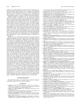 pathway (14) while Rhodococcus salmonicolor utilizes the ter-
minal oxidation pathway (29). Thus, it appears that different
members of the genus Rhodococcus, recently recognized for
their metabolic virtuosity in degrading many environmental
contaminants, possess a variety of alkane-catabolic pathways.
Plasmid analysis of Rhodococcus sp. strain Q15 demon-
strated that neither the smaller nor the larger plasmid found in
Q15 is required for alkane mineralization by the organism,
indicating that alkane degradation by Q15 is not plasmid en-
coded, unlike the P. oleovorans alk system. The alkane-degra-
dative systems found in Acinetobacter spp. (8, 30) also appear
to be located on the chromosome. However, slower rates of
mineralization on alkanes and of growth on diesel fuel by the
plasmidless strain, in comparison with those by the parental
strain and a Q15 strain containing only the larger plasmid,
indicate that the smaller Q15 plasmid may carry genes which
have a positive impact on hydrocarbon catabolism, perhaps by
decreasing the toxicity of hydrocarbons, increasing hydrocar-
bon bioavailability, and/or mediating uptake of aliphatic hy-
drocarbons.
Rhodococcus sp. strain Q15 possessed a thcA gene that was
highly homologous to the thcA gene of R. erythropolis, which is
located on the chromosome. Although thcA is widespread in
the rhodococci, including other alkane-degradative actinomy-
cetes analyzed in this study (data not shown), its role in alkane
metabolism remains to be conﬁrmed. The thcA gene was orig-
inally found to be induced in R. erythropolis NI86/21 during
exposure to the herbicide thiocarbamate, where its gene prod-
uct was most likely responsible for transforming aliphatic al-
dehydes (generated by N-dealkylation of thiocarbamate) to the
corresponding carboxylic acids (20). However, thcA is not part
of the operon encoding the P-450 cytochrome system genes
that are responsible for the initial oxidation of thiocarbamate
(20). The thcA gene is located within an unknown operon
similar in gene organization to the P. oleovorans alk operon
because it contains adjacent open reading frames, one of which
most likely encodes an alcohol dehydrogenase (20). These
observations, and the results of the present study, suggest that
thcA may be part of an alkane-degradative operon or pathway
in the genus Rhodococcus. The initial alkane oxidation may be
mediated by an alkane-oxidizing cytochrome P-450 system,
since Q15 does not contain an alkane monooxygenase similar
to that of P. oleovorans. A variety of cytochrome P-450 en-
zymes have been implicated in alkane degradation, including
octane degradation by R. rhodochrous (26), long-chain alkane
degradation in A. calcoaceticus (17) and perhaps in Bacillus
megaterium (18, 19), and a variety of yeast (25). We are cur-
rently exploring the exact role that thcA, and possibly P-450,
plays in alkane catabolism in Rhodococcus sp. strain Q15.
ACKNOWLEDGMENTS
We thank Helen Bergeron, Chantale Beaulieu, Simen-Jan Slagman,
and Helene Legasse for their technical assistance.
REFERENCES
1. Anderson, J. P. E. 1982. Soil respiration, p. 836–841. In A. L. Page (ed.),
Methods of soil analysis, part 2. Chemical and microbiological properties,
2nd ed. American Society of Agronomy, Madison, Wis.
2. Arthur, C. L., and J. Pawliszyn. 1990. Solid-phase microextraction. Anal.
Chem. 66:2145–2148.
3. Atlas, R. M. 1981. Microbial degradation of petroleum hydrocarbons: an
environmental perspective. Microbiol. Rev. 45:180–209.
4. Bossert, I., and R. Bartha. 1984. The fate of petroleum in soil ecosystems, p.
435–474. In R. M. Atlas (ed.), Petroleum microbiology. Macmillan Publish-
ing Co., New York, N.Y.
5. Denis-Larose, C., D. Labbe´, H. Bergeron, A. M. Jones, C. W. Greer, J.
Al-Hawari, M. J. Grossman, B. M. Sankey, and P. C. K. Lau. 1997. Conser-
vation of plasmid-encoded dibenzothiophene desulfurization genes in sev-
eral rhodococci. Appl. Environ. Microbiol. 63:2915–2919.
6. Finnerty, W. R. 1977. The biochemistry of microbial alkane oxidation: new
insights and perspectives. Trends Biochem. Sci. 2:73–75.
7. Geerdink, M. J., M. C. M. van Loosdrecht, and K. C. A. M. Luyben. 1996.
Biodegradability of crude oil. Biodegradation 7:73–81.
8. Geissdorfer, W., S. C. Frosch, G. Haspel, S. Ehrt, and W. Hillen. 1995. Two
genes encoding proteins with similarities to rubredoxin and rubredoxin re-
ductase are required for conversion of dodecane to lauric acid in Acineto-
bacter calcoaceticus ADP1. Microbiology 141:1425–1432.
9. Greer, C., L. Masson, Y. Comeau, R. Brousseau, and R. Samson. 1993.
Application of molecular biology techniques for isolating and monitoring
pollutant-degrading bacteria. Water Pollut. Res. J. Can. 28:275–287.
10. Inniss, W. E., and C. I. Mayﬁeld. 1978. Growth rates of psychrotrophic
sediment microorganisms. Water Res. 12:231–236.
11. Lai, B., and S. Khanna. 1996. Mineralization of [14
C]octacosane by Acineto-
bacter calcoaceticus S30. Can. J. Microbiol. 42:1225–1231.
12. Leahy, J. G., and R. R. Colwell. 1990. Microbial degradation of hydrocarbons
in the environment. Microbiol. Rev. 54:305–315.
13. Lechevalier, H. A. 1986. Section 17: Nocardioforms, p. 1458–1506. In
P. H. A. Sneath, N. S. Mair, M. E. Sharpe, and J. G. Holt (ed.), Bergey’s
manual of systematic bacteriology, vol. 2. The Williams and Wilkins Co.,
Baltimore, Md.
14. Ludwig, B., A. Akundi, and K. Kendall. 1995. A long-chain secondary alcohol
dehydrogenase from Rhodococcus erythropolis ATCC 4277. Appl. Environ.
Microbiol. 61:3729–3733.
15. Margesin, R., and F. Schinner. 1997. Bioremediation of diesel-oil-contami-
nated alpine soils at low temperatures. Appl. Microbiol. Biotechnol. 47:462–
468.
16. Margesin, R., and F. Schinner. 1997. Efﬁciency of indigenous and inoculated
cold-adapted soil microorganisms for biodegradation of diesel oil in alpine
soils. Appl. Environ. Microbiol. 63:2660–2664.
17. Muller, R., O. Asperger, and H. P. Kleber. 1989. Puriﬁcation of cytochrome
P-450 from n-hexadecane-grown Acinetobacter calcoaceticus. Biomed. Bio-
chim. Acta 48:243–254.
18. Munroe, A. W., and J. G. Lindsay. 1996. Bacterial cytochromes P-450. Mol.
Microbiol. 20:1115–1125.
19. Munroe, A. W., J. G. Lindsay, and J. R. Coggins. 1993. Alkane metabolism
by cytochrome P-450 BM-3. Biochem. Soc. Trans. 21:412S.
20. Nagy, I., G. Schoofs, F. Compernolle, P. Proost, J. Vanderleyden, and R. De
Mot. 1995. Degradation of the thiocarbamate herbicide EPTC (S-ethyl
dipropylcarbamothioate) and biosafening by Rhodococcus sp. strain NI86/21
involve an inducible cytochrome P-450 system and aldehyde dehydrogenase.
J. Bacteriol. 177:676–687.
21. Potter, D. W., and J. Pawliszyn. 1994. Rapid determination of polyaromatic
hydrocarbons and polychlorinated biphenyls in water using solid-phase mi-
croextraction and GC-MS. Environ. Sci. Technol. 28:298–305.
22. Rainey, F. A., J. Burghardt, R. M. Kroppenstedt, S. Klatte, and E. Stack-
ebrandt. 1995. Phylogenetic analysis of the genera Rhodococcus and Nocar-
dia and evidence for the evolutionary origin of the genus Nocardia from
within the radiation of Rhodococcus species. Microbiology 141:523–528.
23. Sakai, Y., J. H. Maeng, S. Kubato, A. Tani, Y. Tani, and N. Kato. 1996. A
nonconventional dissimilation pathway for long chain n-alkanes in Acineto-
bacter sp. M-1 that starts with a dioxygenase reaction. J. Ferment. Bioeng.
81:286–291.
24. Sambrook, J., E. F. Fritsch, and T. Maniatis. 1989. Molecular cloning: a
laboratory manual, 2nd ed. Cold Spring Harbor Laboratory Press, Cold
Spring Harbor, N.Y.
25. Sariaslani, F. S. 1991. Microbial cytochromes P-450 and xenobiotic metab-
olism. Adv. Appl. Microbiol. 36:133–178.
26. Sariaslani, F. S., and C. A. Omer. 1992. Actinomycete cytochromes P-450
involved in oxidative metabolism: biochemistry and molecular biology. Crit.
Rev. Plant Sci. 11:1–16.
27. Tongpim, S., and M. A. Pickard. 1996. Growth of Rhodococcus S1 on an-
thracene. Can. J. Microbiol. 42:289–294.
28. van Beilen, J. B., M. G. Wubbolts, and B. Witholt. 1994. Genetics of alkane
oxidation by Pseudomonas oleovorans. Biodegradation 5:161–174.
29. Warhurst, A. M., and C. A. Fewson. 1994. Biotransformations catalyzed by
the genus Rhodococcus. Crit. Rev. Biotechnol. 14:29–73.
30. Watkinson, R., and P. Morgan. 1990. Physiology of aliphatic hydrocarbon-
degrading microorganisms. Biodegradation 1:79–92.
31. Westlake, D. W. S., A. Jobson, R. Phillippe, and F. D. Cook. 1974. Biode-
gradability and crude oil composition. Can. J. Microbiol. 20:915–928.
32. Whyte, L. G., C. W. Greer, and W. E. Inniss. 1996. Assessment of the
biodegradation potential of psychrotrophic microorganisms. Can. J. Micro-
biol. 42:99–106.
33. Whyte, L. G., L. Bourbonnie`re, and C. W. Greer. 1997. Biodegradation of
petroleum hydrocarbons by psychrotrophic Pseudomonas strains possessing
both alkane (alk) and naphthalene (nah) catabolic pathways. Appl. Environ.
Microbiol. 63:3719–3723.
2584 WHYTE ET AL. APPL. ENVIRON. MICROBIOL.
 
