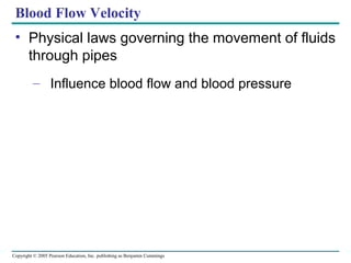 Copyright © 2005 Pearson Education, Inc. publishing as Benjamin Cummings
Blood Flow Velocity
• Physical laws governing the movement of fluids
through pipes
– Influence blood flow and blood pressure
 