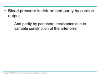 Copyright © 2005 Pearson Education, Inc. publishing as Benjamin Cummings
• Blood pressure is determined partly by cardiac
output
– And partly by peripheral resistance due to
variable constriction of the arterioles
 