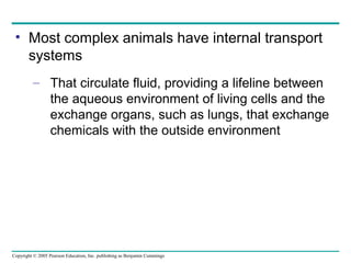 Copyright © 2005 Pearson Education, Inc. publishing as Benjamin Cummings
• Most complex animals have internal transport
systems
– That circulate fluid, providing a lifeline between
the aqueous environment of living cells and the
exchange organs, such as lungs, that exchange
chemicals with the outside environment
 