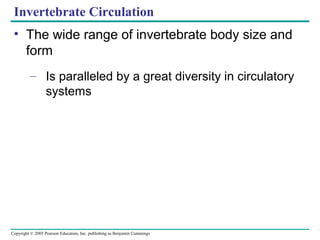 Copyright © 2005 Pearson Education, Inc. publishing as Benjamin Cummings
Invertebrate Circulation
• The wide range of invertebrate body size and
form
– Is paralleled by a great diversity in circulatory
systems
 