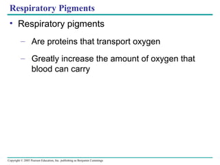 Copyright © 2005 Pearson Education, Inc. publishing as Benjamin Cummings
Respiratory Pigments
• Respiratory pigments
– Are proteins that transport oxygen
– Greatly increase the amount of oxygen that
blood can carry
 