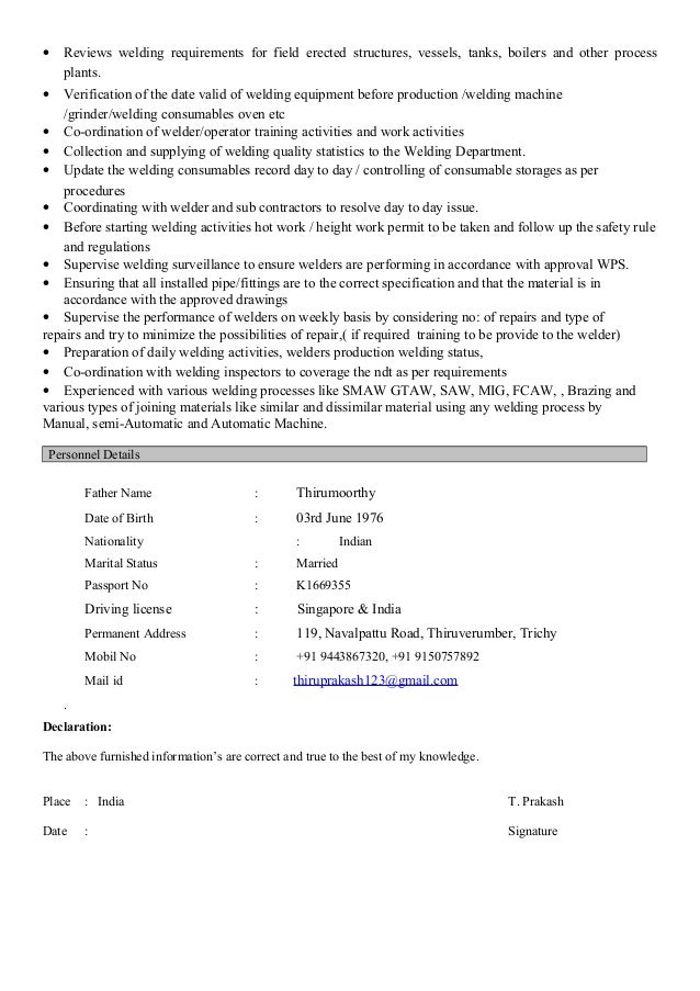Prakesh Welding Foreman Cv