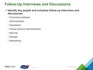 Follow-Up Interviews and Discussions
CONFIDENTIAL 79
 Identify key people and schedule follow-up interviews and
discussions
• Technical architects
• Administrators
• Operations
• Virtual machine administrators
• Security
• Storage
• Networking
 