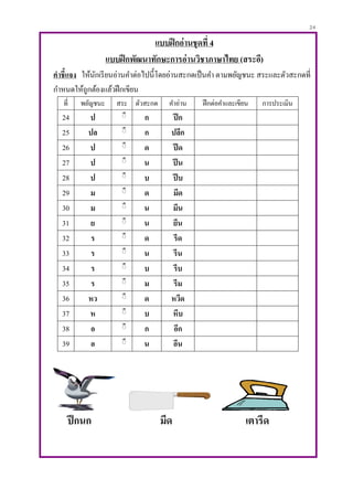24
แบบฝึกอ่านชุดที่ 4
แบบฝึกพัฒนาทักษะการอ่านวิชาภาษาไทย (สระอี)
คาชี้แจง ให้นักเรียนอ่านคาต่อไปนี้โดยอ่านสะกดเป็นคา ตามพยัญชนะ สระและตัวสะกดที่
กาหนดให้ถูกต้องแล้วฝึกเขียน
ที่ พยัญชนะ สระ ตัวสะกด คาอ่าน ฝึกต่อคาและเขียน การประเมิน
24 ป ิี ก ปีก
25 ปล ิี ก ปลีก
26 ป ิี ด ปีด
27 ป ิี น ปีน
28 ป ิี บ ปีบ
29 ม ิี ด มีด
30 ม ิี น มีน
31 ย ิี น ยีน
32 ร ิี ด รีด
33 ร ิี น รีน
34 ร ิี บ รีบ
35 ร ิี ม รีม
36 หว ิี ด หวีด
37 ห ิี บ หีบ
38 อ ิี ก อีก
39 อ ิี น อีน
ปีกนก มีด เตารีด
 